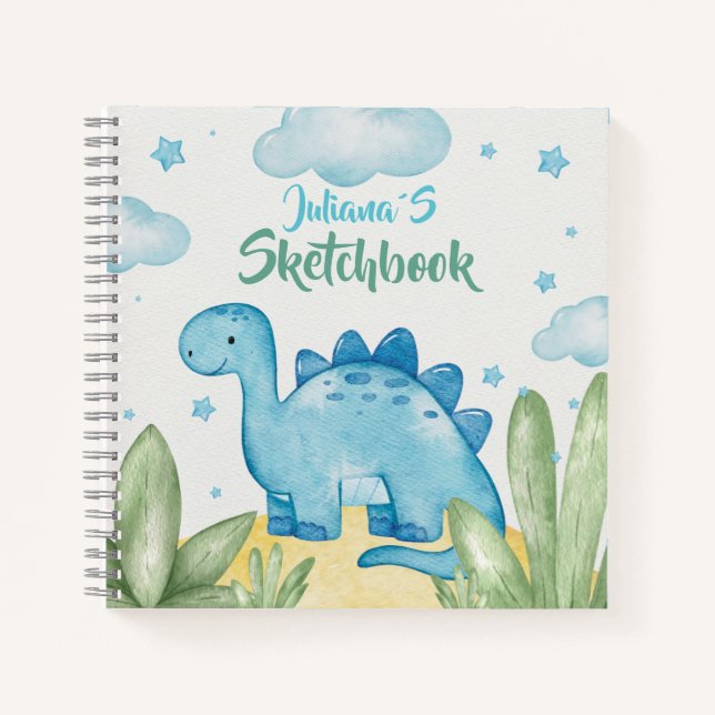Libreta de dibujo de dinosaurio azul personalizabl (Anverso)