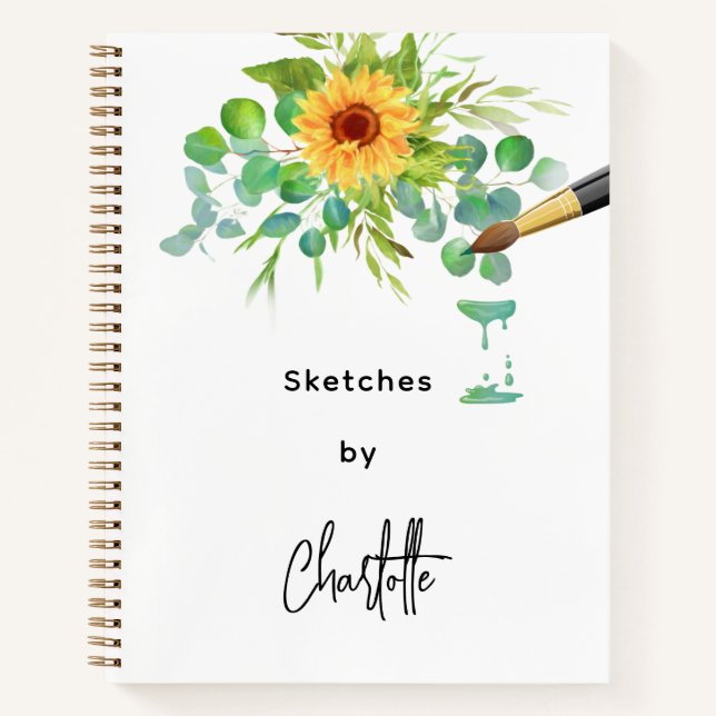 Libreta de dibujo girasoles eucalipto nombre scrip (Anverso)