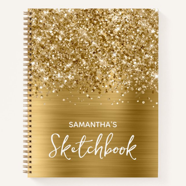 Libreta de dibujo Glittery Gold Glam con nombre (Anverso)