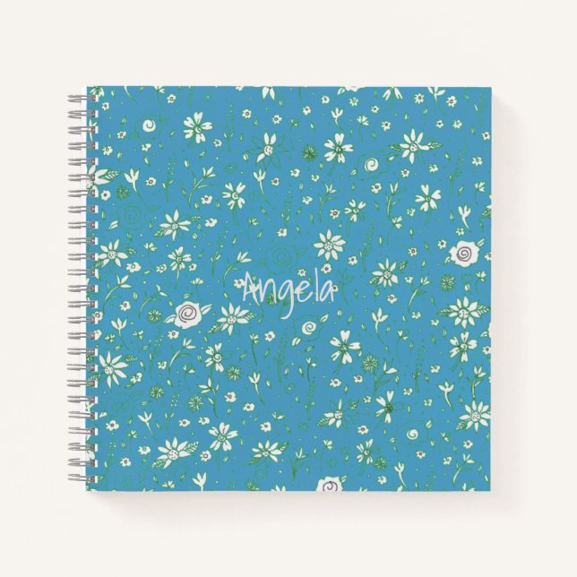 Libreta L/azul personalizable con flores Doodle (Anverso)