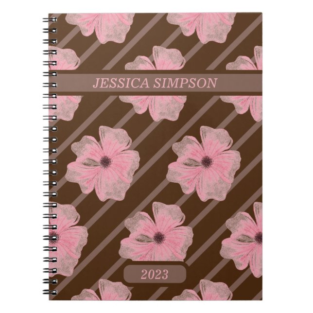 Libreta Personalizada con Flores Rosadas y Rayas (Frente)