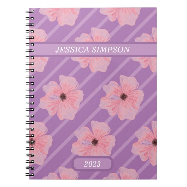Libreta Personalizada con Flores Rosadas y Rayas (Frente)