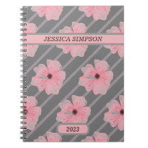 Libreta Personalizada con Flores Rosadas y Rayas