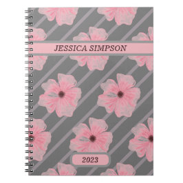 Libreta Personalizada con Flores Rosadas y Rayas