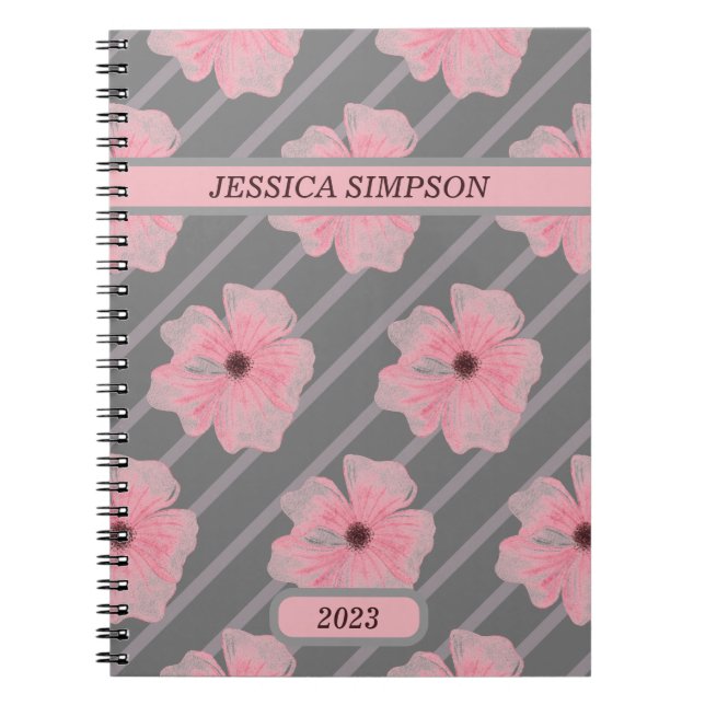Libreta Personalizada con Flores Rosadas y Rayas (Frente)