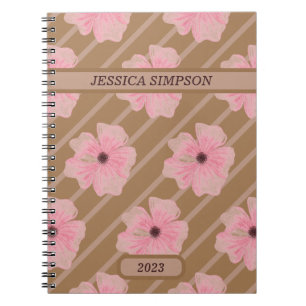 Libreta Personalizada con Flores Rosadas y Rayas