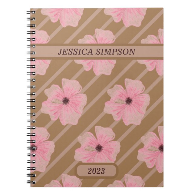 Libreta Personalizada con Flores Rosadas y Rayas (Frente)