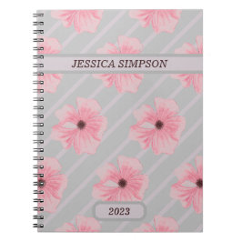 Libreta Personalizada con Flores Rosadas y Rayas