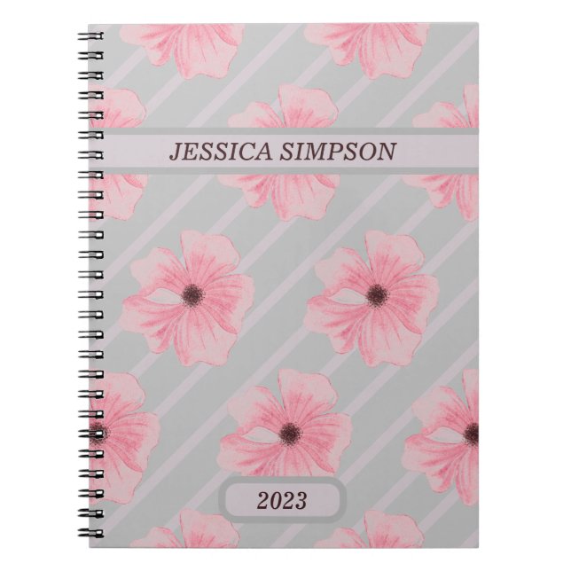 Libreta Personalizada con Flores Rosadas y Rayas (Frente)