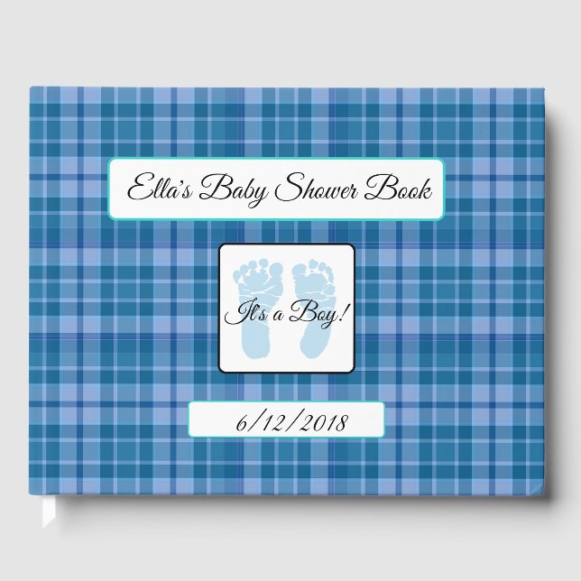 Libro Baby Shower Personalizado Blue Plaid Stripes (Anverso)