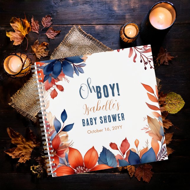 Libro de Baby Shower Blue Terracotta Oh Boy Fall (Boho Blue and Terracotta Fall |  Autumn Floral "Oh Boy!" Baby Shower Guest Book Notebook)