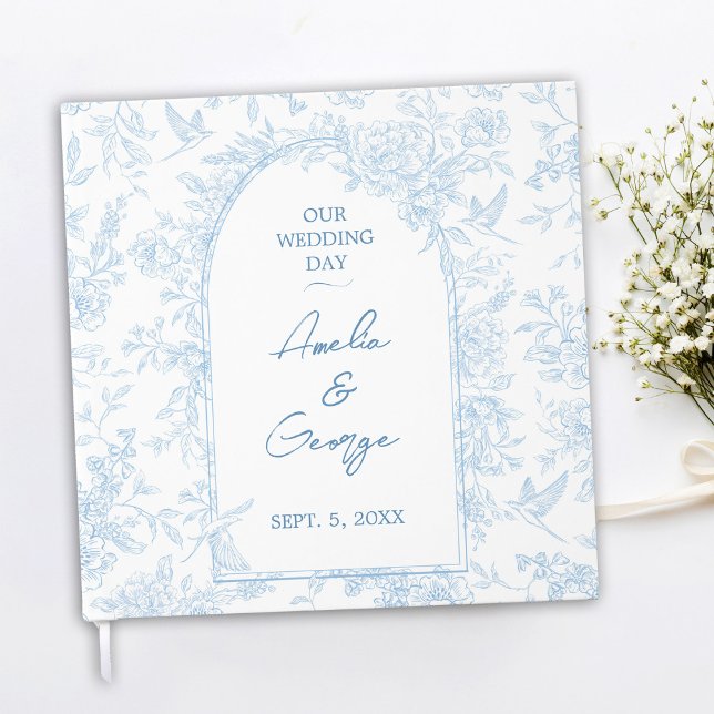 Libro de boda sobre la ropa de baño azul y blanco (French Toile Inspired Blue and White Wedding Guestbook Front)