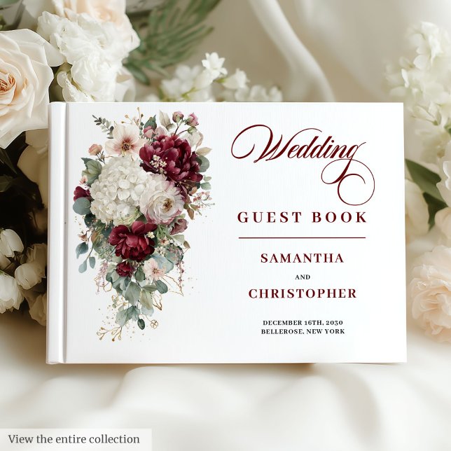 Libro de bodas de rosas de oro blanco de Boho (Boho maroon white gold roses wedding guest book

)