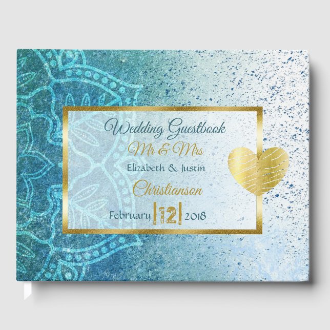 Libro de Bodas del corazón dorado de Mandala azul (Anverso)
