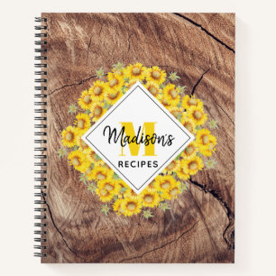 Libro de cocina de la receta de girasoles y madera