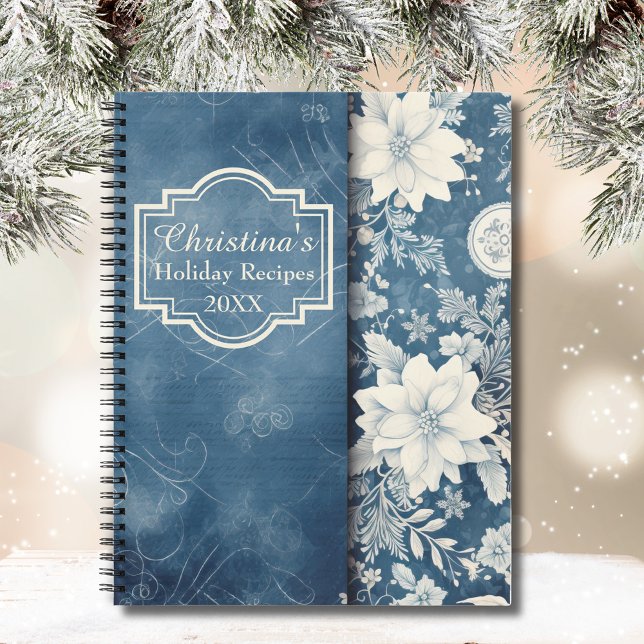 Libro de cocina de la receta del Personalizado flo (Vintage Blue and White Poinsettias adorn this Personalized Holiday Recipe Book.)