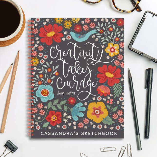 Libro De Esquemas De Artistas Florales Con Nombre (A pretty floral sketchbook with the words, Creativity Takes Courage. Personalize it with your name.)