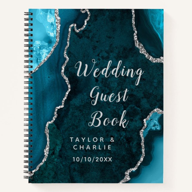 Libro de firmas de boda Ágata Teal y Plata (Anverso)