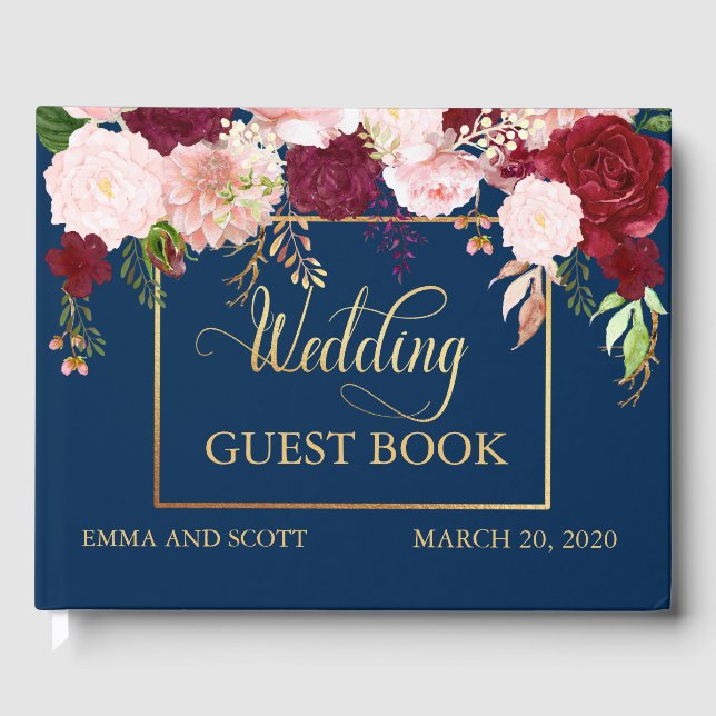 Libro de firmas de boda burdeos azul marino dorado (Anverso)