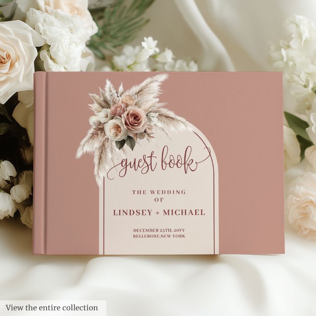 Libro de firmas de boda con arco de Pampas rosa po (Modern Dusty Pink Pampas Arch Wedding Guest Book)