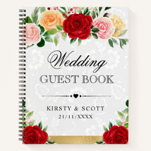 Libro de firmas de boda con rosas rojas y naranjas