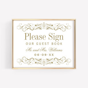 Libro de firmas de invitados con caligrafía dorada