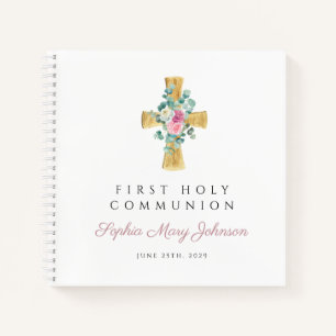 Libro de firmas de Primera Comunión con cruz flora