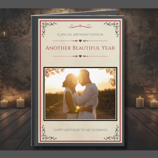 Libro de Fotos Creativo para Tarjeta de Cumpleaños (Sentimental husband birthday card with custom photo template and romantic book cover design.)