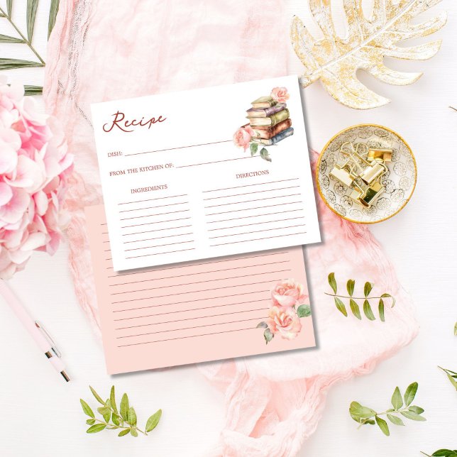 Libro de historias nuevo capítulo tarjeta de recet (Story book new chapter bridal shower recipe card book themed bridal shower blush pink roses books)