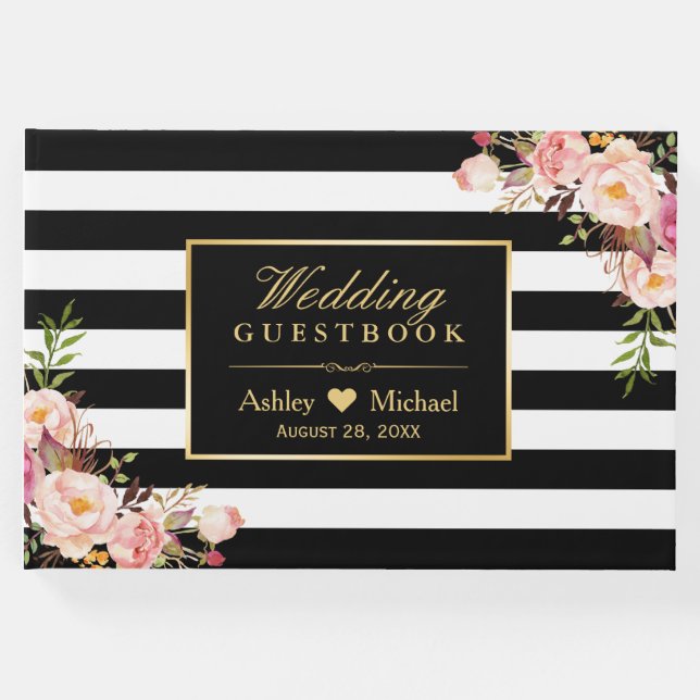 Libro de invitado de Bodas florales Black White St (Anverso)