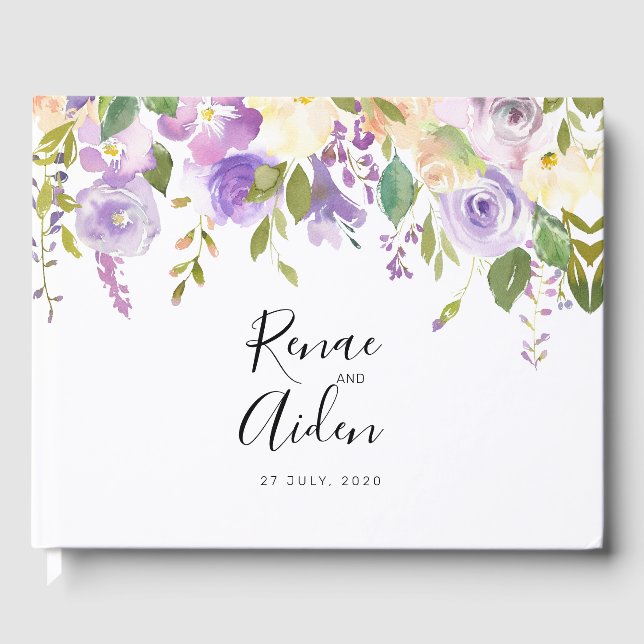 Libro de invitado morado floral, boda malvado (Anverso)
