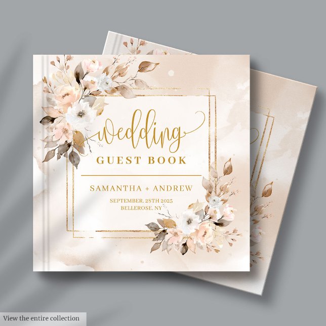 Libro de invitado Neutral Autumn Boho Floral Gold  (Neutral Autumn Boho Floral Gold Wedding Guest Book)