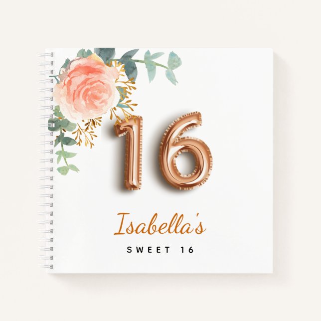 Libro de invitado Sweet 16 rosa floral eucalipto (Anverso)