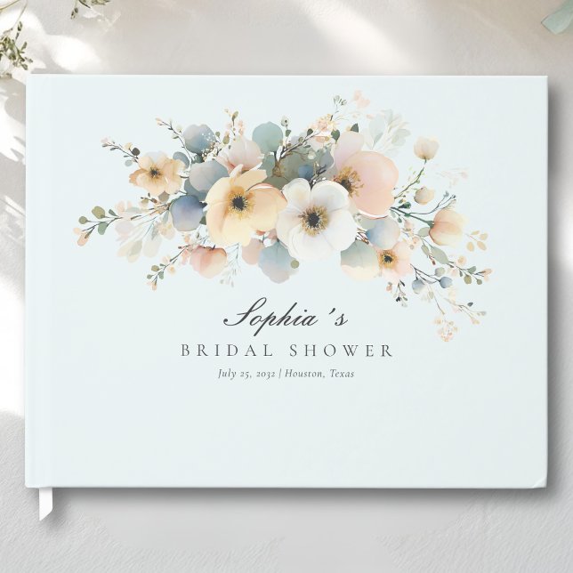 Libro de invitados azul de la elegante lluvia de b (Soft Bloom Elegant Bridal Shower Blue Guest Book)