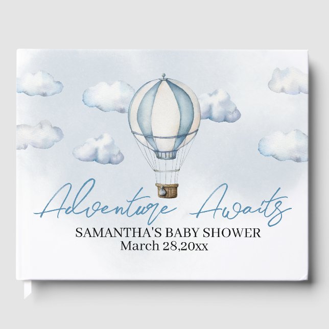 Libro de invitados Baby Shower Blue Hot Air Balloo (Anverso)