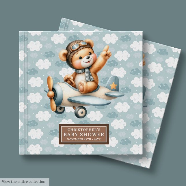 Libro de invitados Baby Shower del piloto del oso  (Blue Brown Teddy Bear Pilot Baby Shower Guest Book)