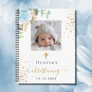 Libro de invitados bautizo foto floral azul niño