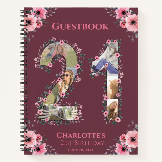 Libro de invitados Big 21st Birthday Photo Pink Fl (Anverso)