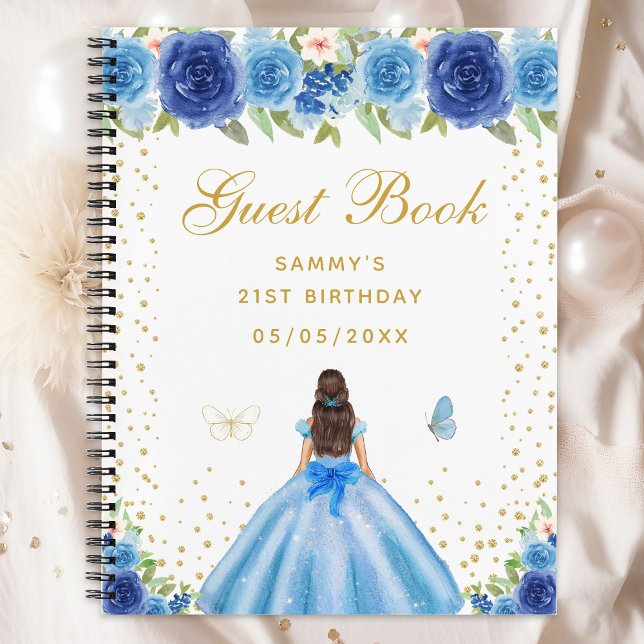 Libro de invitados Blue Floral Brunette Hair Princ (Subido por el creador)