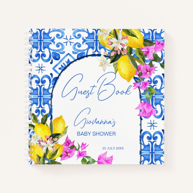 Libro de invitados Blue Tiles Lemons Bougainvillea (Anverso)