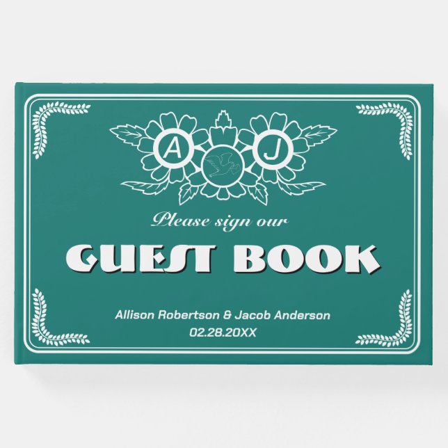 Libro de invitados Bluish Green & White Boda (Anverso)