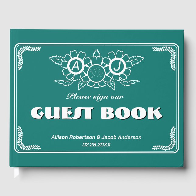Libro de invitados Bluish Green & White Boda (Anverso)