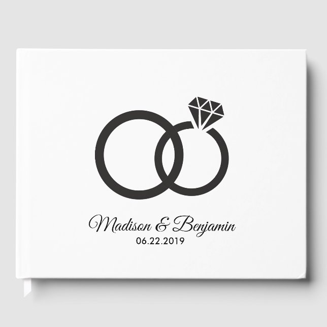 Libro de invitados boda, negro, blanco, anillos (Anverso)