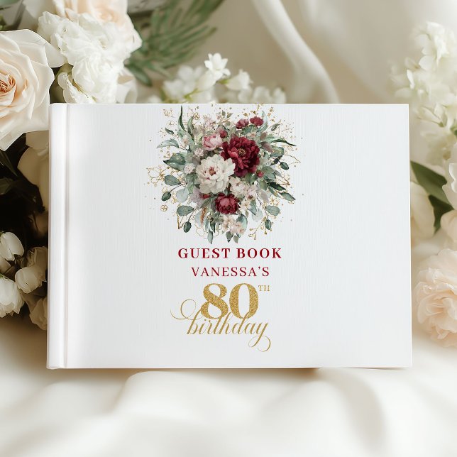Libro de invitados Bohemian Marsala Floral 80 cump (Bohemian Marsala Floral 80th Birthday Guest Book)