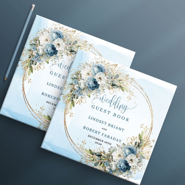 Libro de invitados Boho Dusty Blue Flores Verde do (Boho Dusty Blue Flowers Greenery Gold Guest Book)