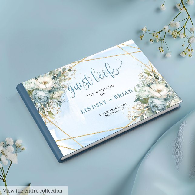 Libro de invitados Boho Dusty Blue White Gold Flow (Boho Dusty Blue White Gold Flowers Guest Book)
