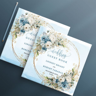 Libro de invitados Boho Pastel Flores Azules Dorad