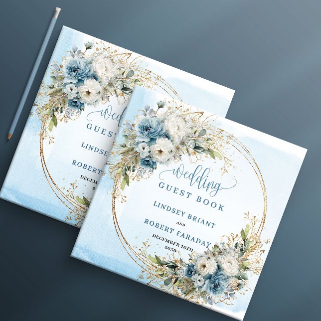 Libro de invitados Boho Pastel Flores Azules Dorad (Boho Pastel Blue Flowers Gold Guest Book)