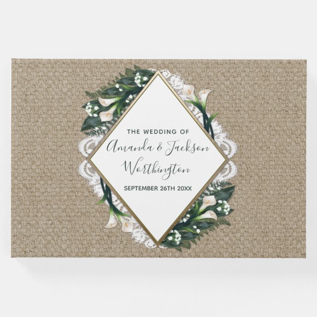Libro de invitados Calla Lily Burlap y Lace Boda (Anverso)