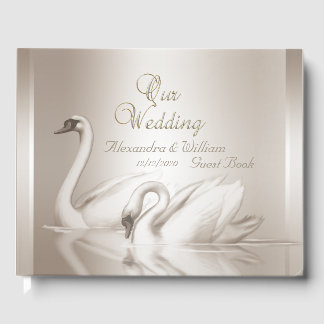 Libro de Invitados Cisnes Damask Crema Blanco Boda